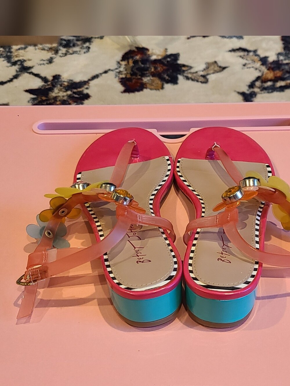 Betsey Johnson Pink Floral Jelly T-Strap Sandals with Multi Gem Flowers - Picture 2 of 5